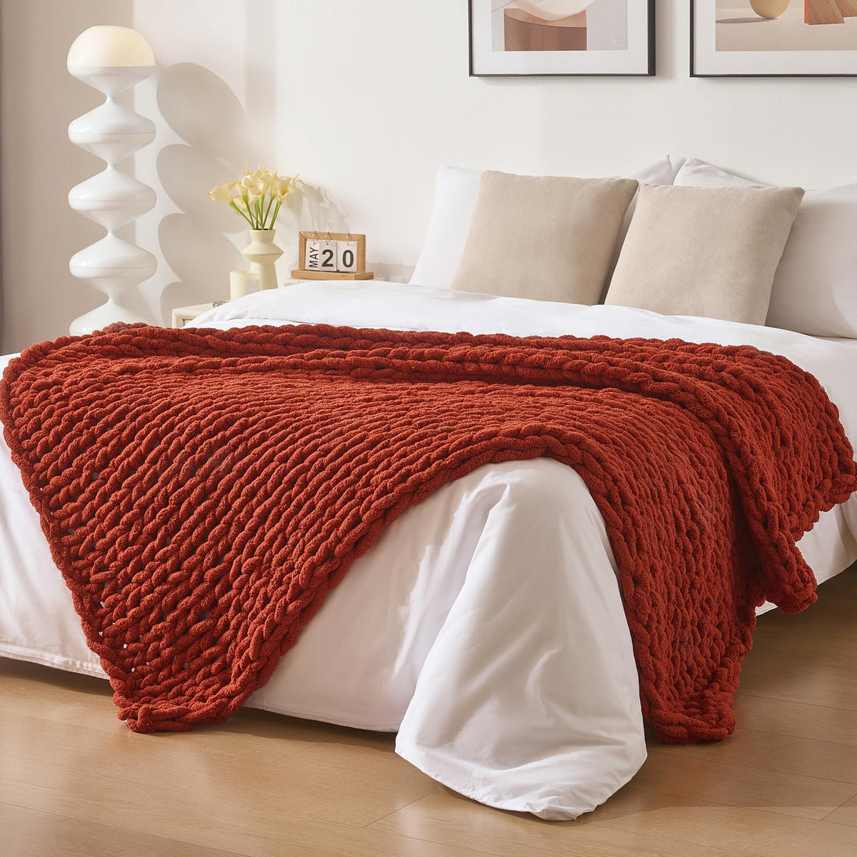 Bigacogo Chunky Knit Throw Blanket for Couch, 40x60 inches, Beige