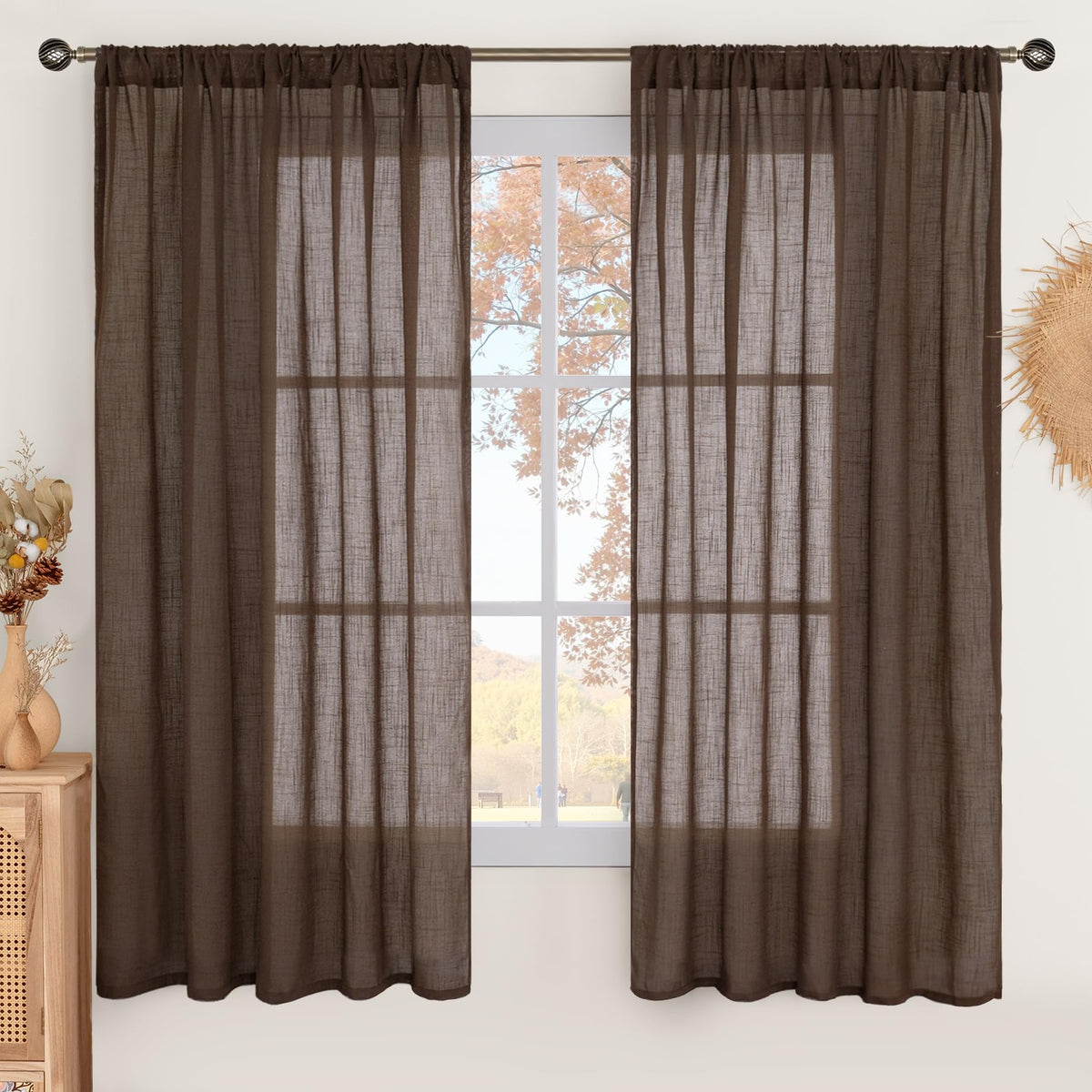 BGment Tan Linen Curtains 84 Inch Length 2 Panels Burlap Semi Sheer Drapes