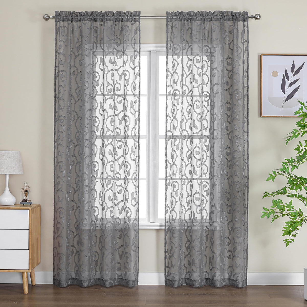 OWENIE Furman Ivory Sheer Curtains 84 inches Long for Bedroom Living Room 2 Panels Set, Jacquard Clip Light Filtering Semi Sheer Curtain Rod Pocket Window Drapes, 2 Pcs Each 40 W 84 L