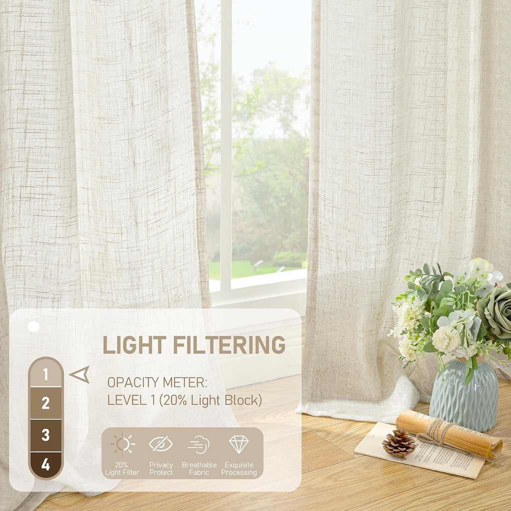 LAMIT Cream Ivory Linen Semi Sheer Curtains 84 inch Length for Bedroom