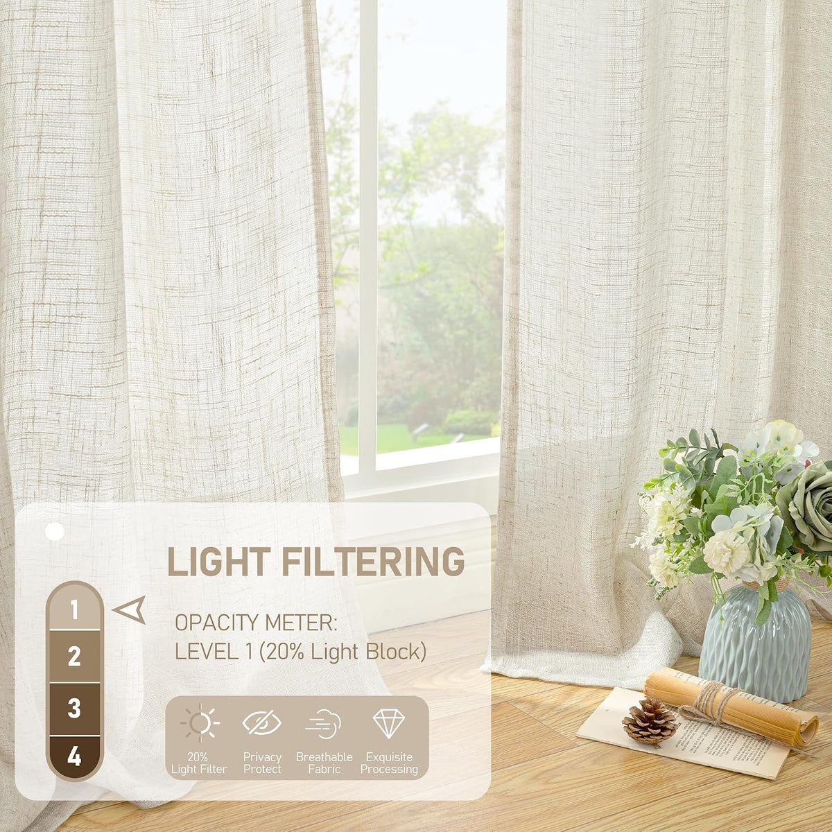 LAMIT Cream Ivory Linen Semi Sheer Curtains 84 inch Length for Bedroom