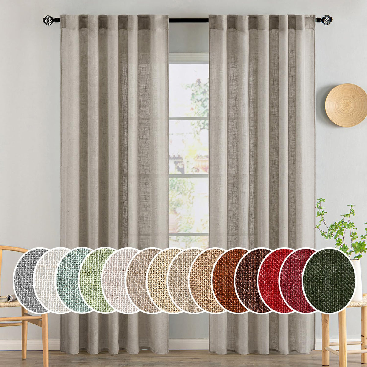 MIULEE Taupe Linen Curtains 52x84 Inch Length for Bedroom and Living Room