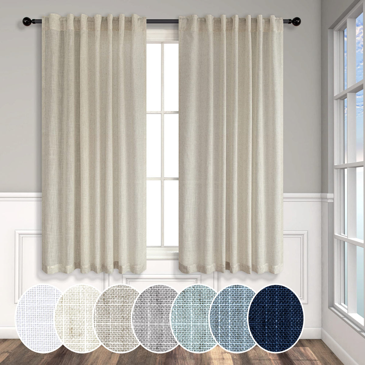 Natural Linen Back Tab Curtains 84 Inch Length for Living Room 2 Panel Pocket Drape Light Filtering Semi Sheer Neutral Country Rustic Farmhouse Boho Curtain Bedroom Muslin Look Ivory Cream Colored