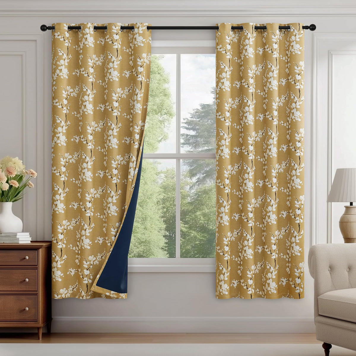 FMFUNCTEX Blue Blackout Floral Curtains, Bedroom, 100X84 Inches, 1 Panel