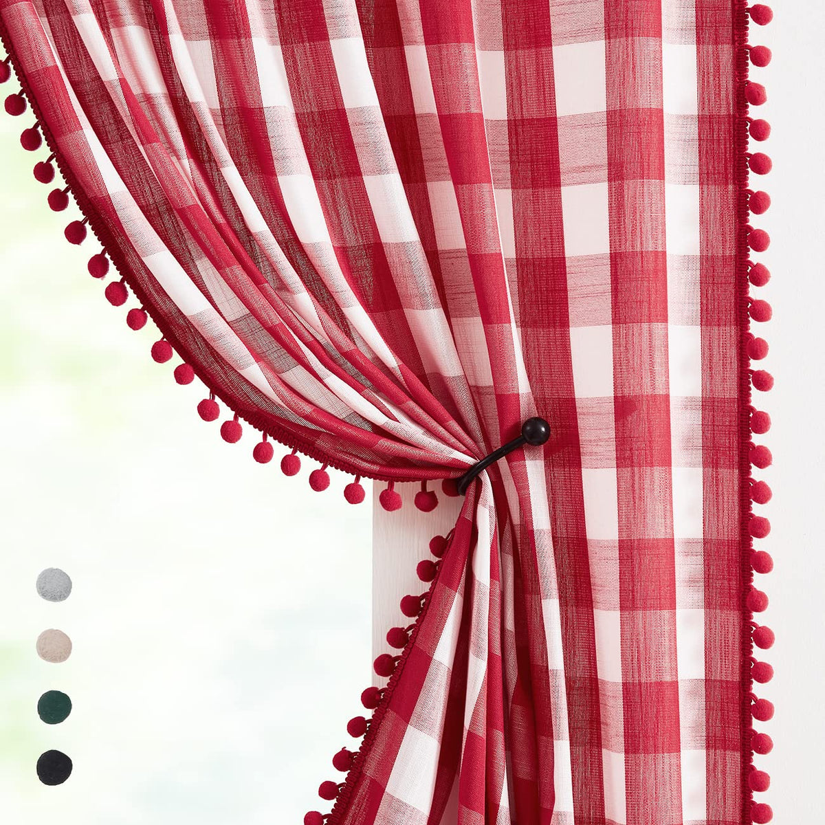 White Black Buffalo Check Curtains with PomPoms 45" SemiSheer Country Plaid