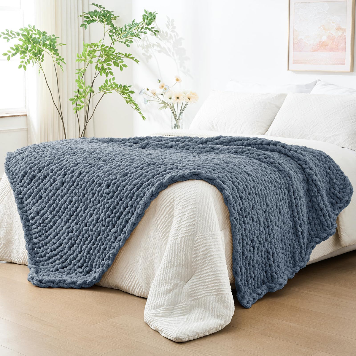Bigacogo Chunky Knit Throw Blanket for Couch, 40x60 inches, Beige