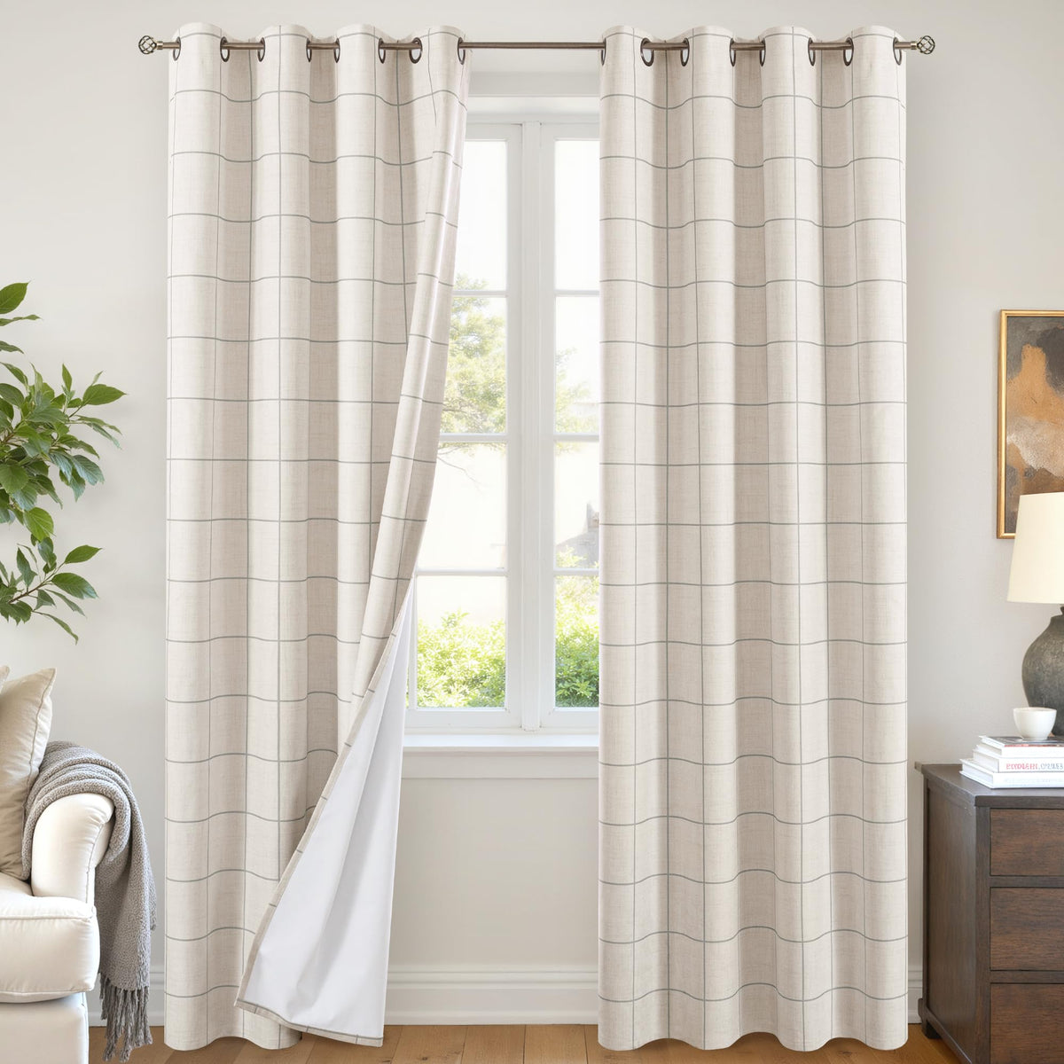 Lajode Linen Blackout Curtains - Boho Plaid 52x84 Inch 2 Panels, Natural