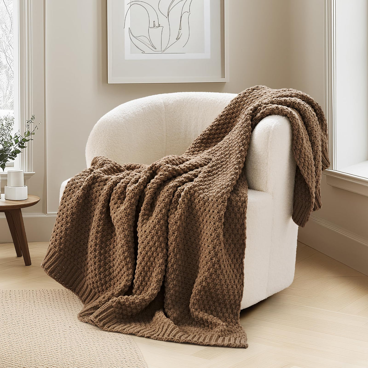 EVERGRACEHOME Chunky Chenille Knit Throw Blanket, 50 x 60, Olive Green