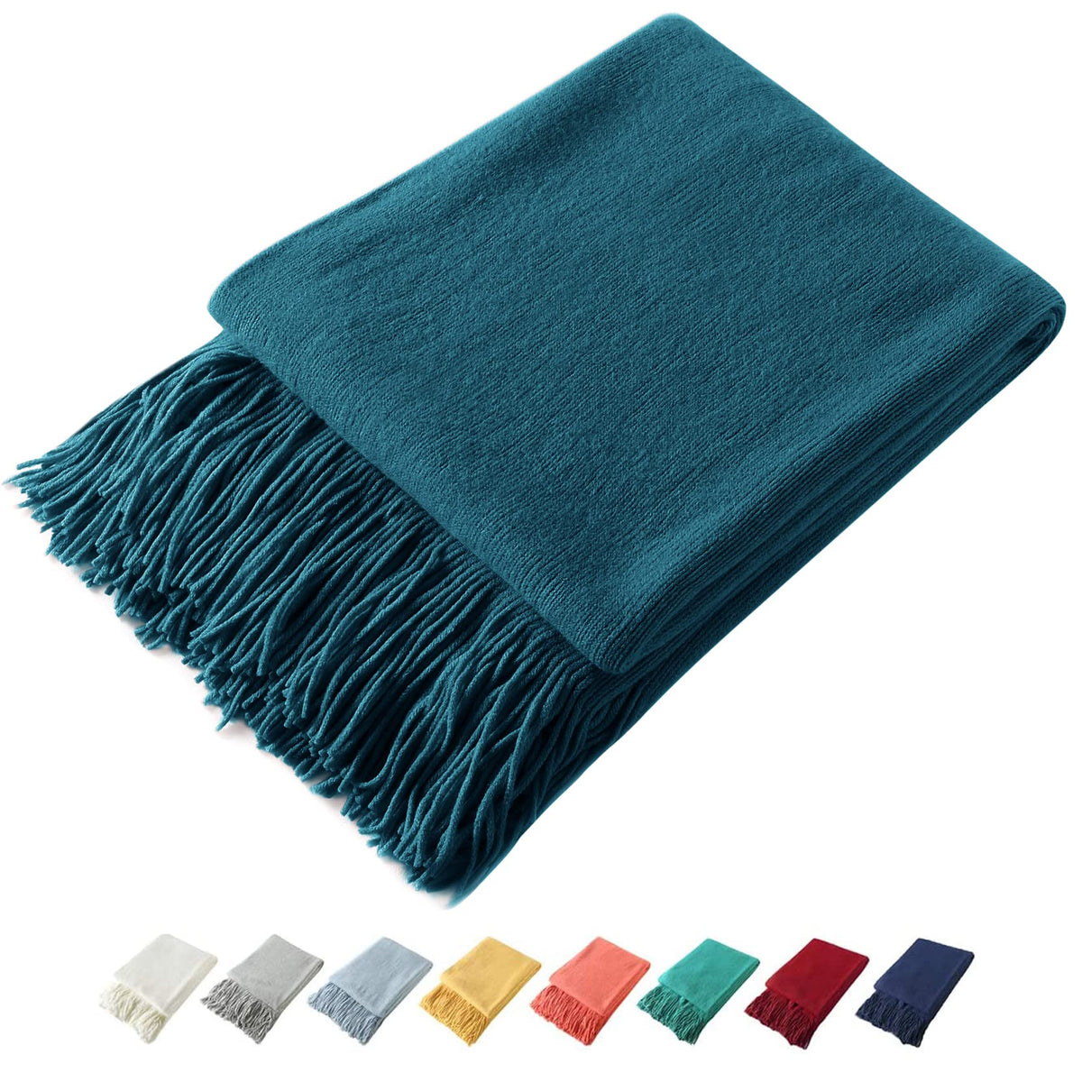 Homiest Pale Blue Knitted Throw Blanket with Fringe, 50x60 Inch