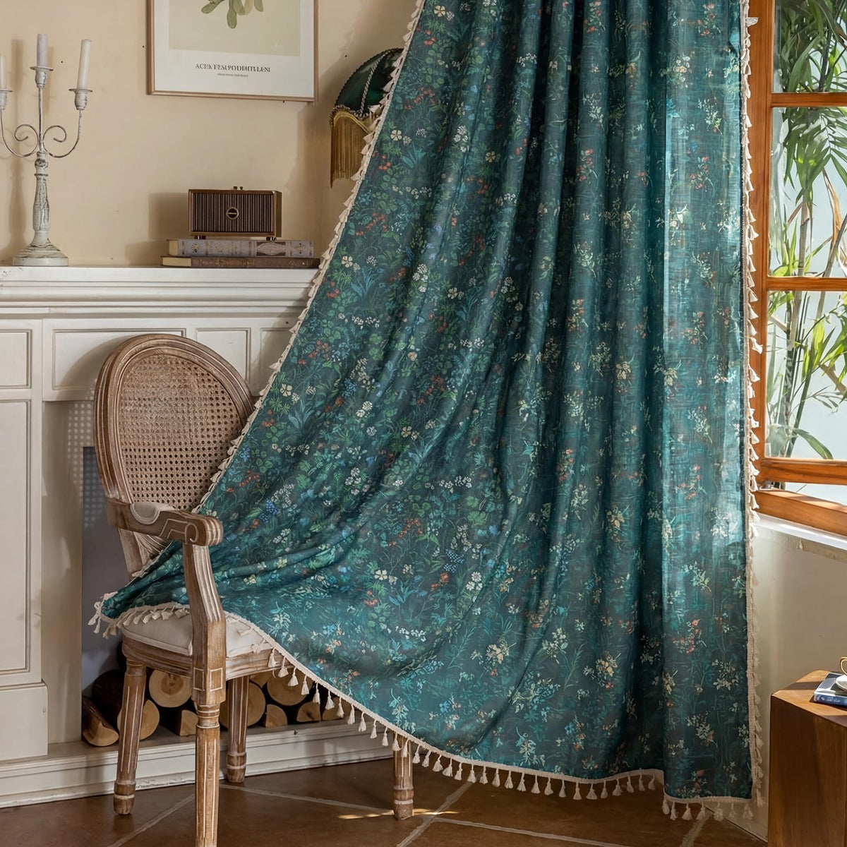 ENJOYBRIDAL Floral Curtains 84 Inch Long Living Room Boho Drapes Bedroom 2 Panels Semi Sheer Floor Length Window Curtain Panels Vintage Rod Pocket Tassel Farmhouse Nursery Window Treatments