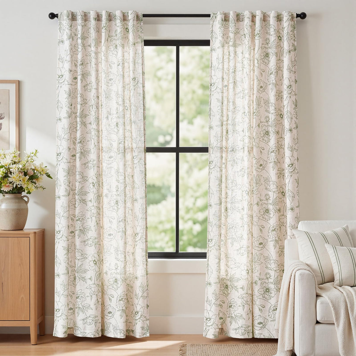 jinchan Taupe Floral Linen Curtains 84 Inch Farmhouse Back Tab 2 Panels