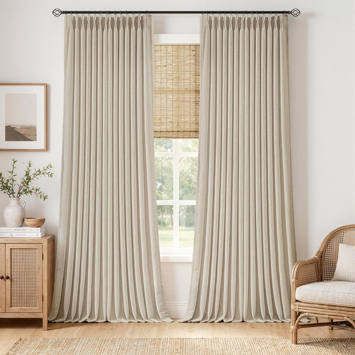 MIULEE Pinch Pleated Linen Curtains 96 Inches Long Beige White 2 Panels
