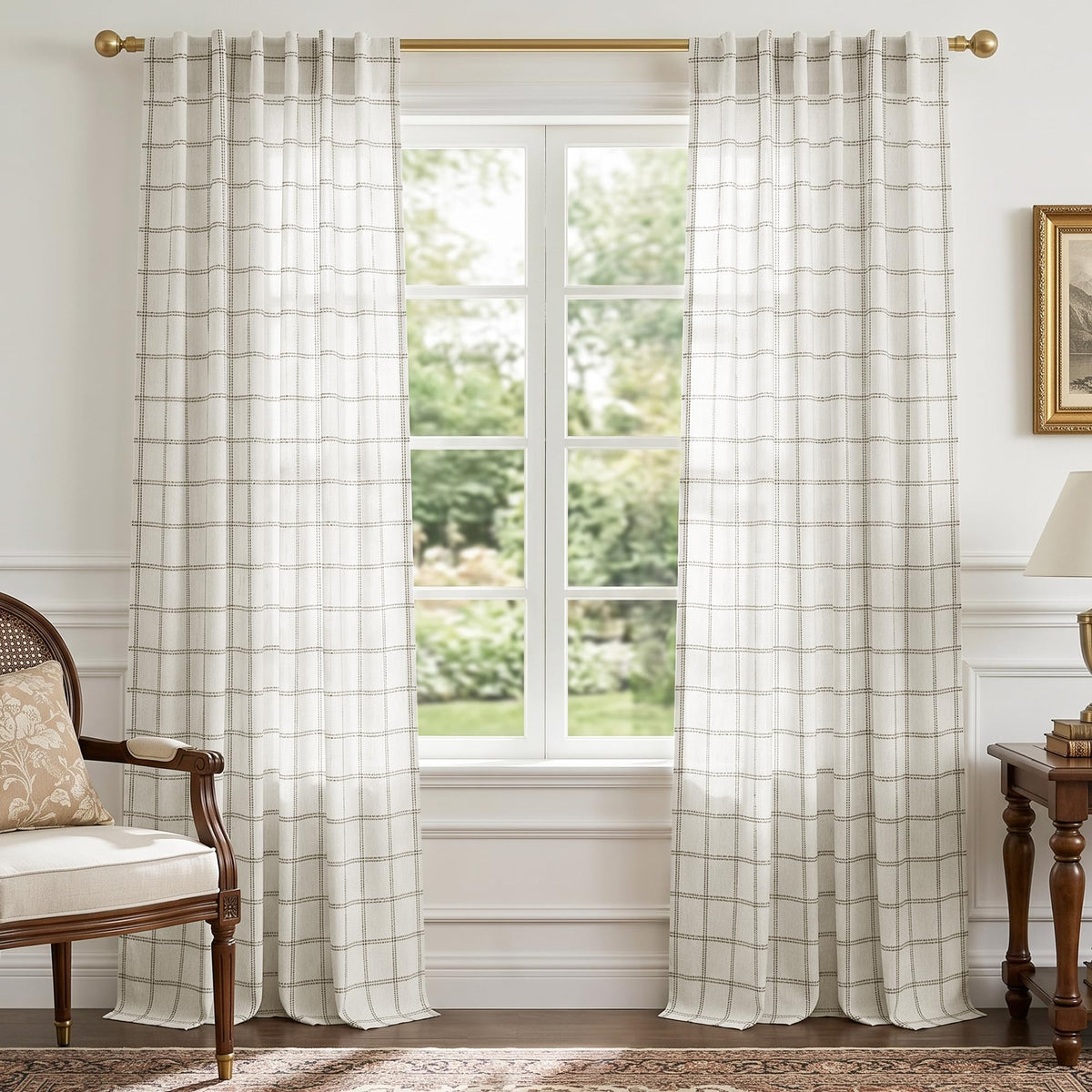 NICETOWN Moss Green Linen Plaid Curtains 96 inches Long for Bedroom