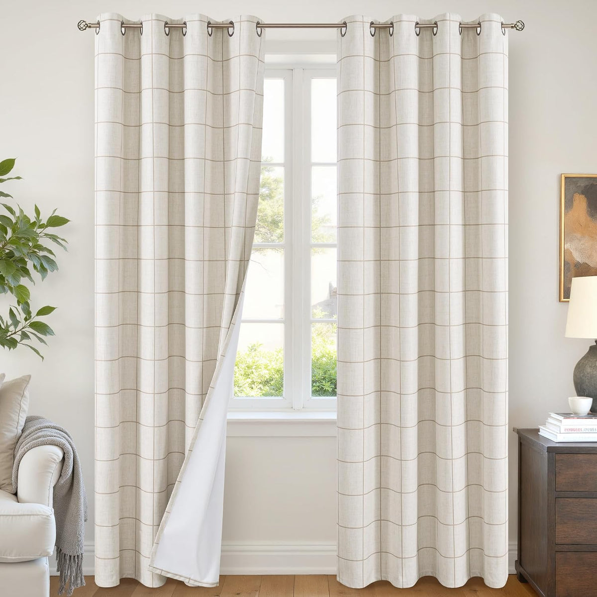 Lajode Linen Blackout Curtains - Boho Plaid 52x84 Inch 2 Panels, Natural