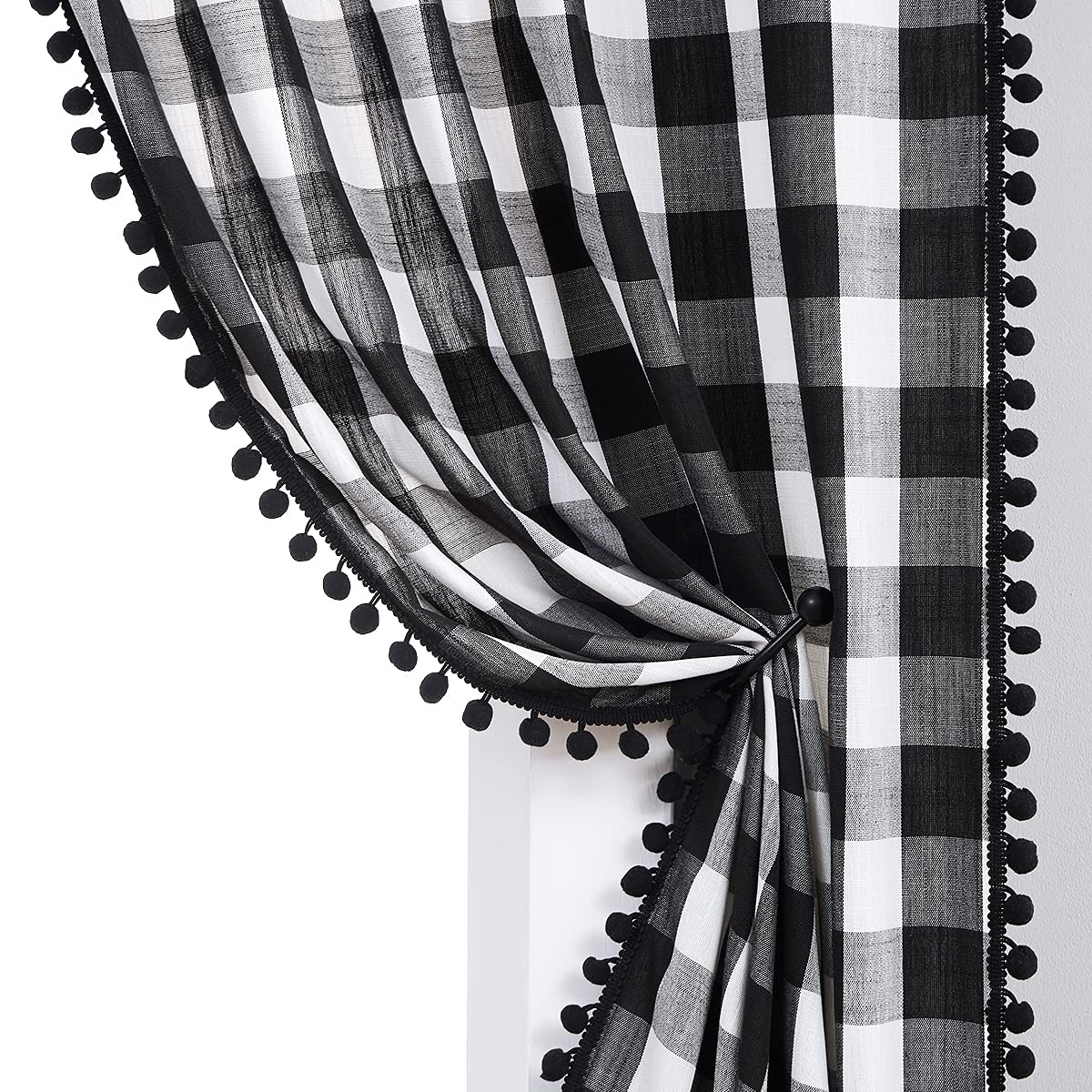 White Black Buffalo Check Curtains with PomPoms 45" SemiSheer Country Plaid