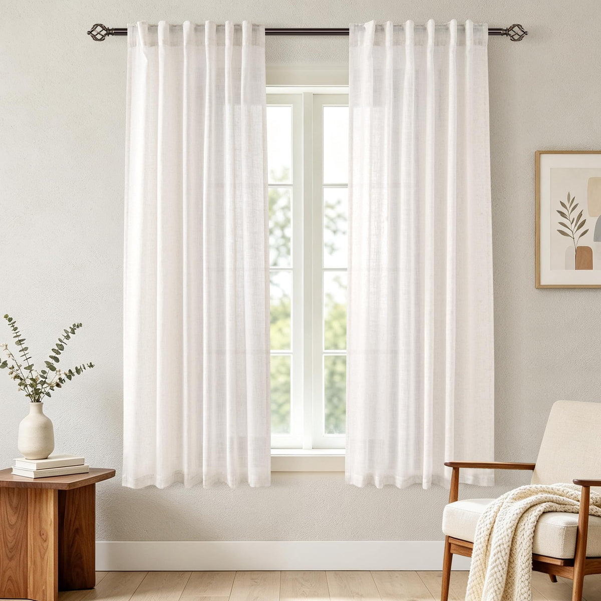 96 inch Long Linen Curtains 2 Panels for Living Room Back Tab Cream Ivory Light Filtering Semi Sheer Curtain 96 inches Long Boho Farmhouse Rustic Linen Drapes Floor to Ceiling Length 8 FT