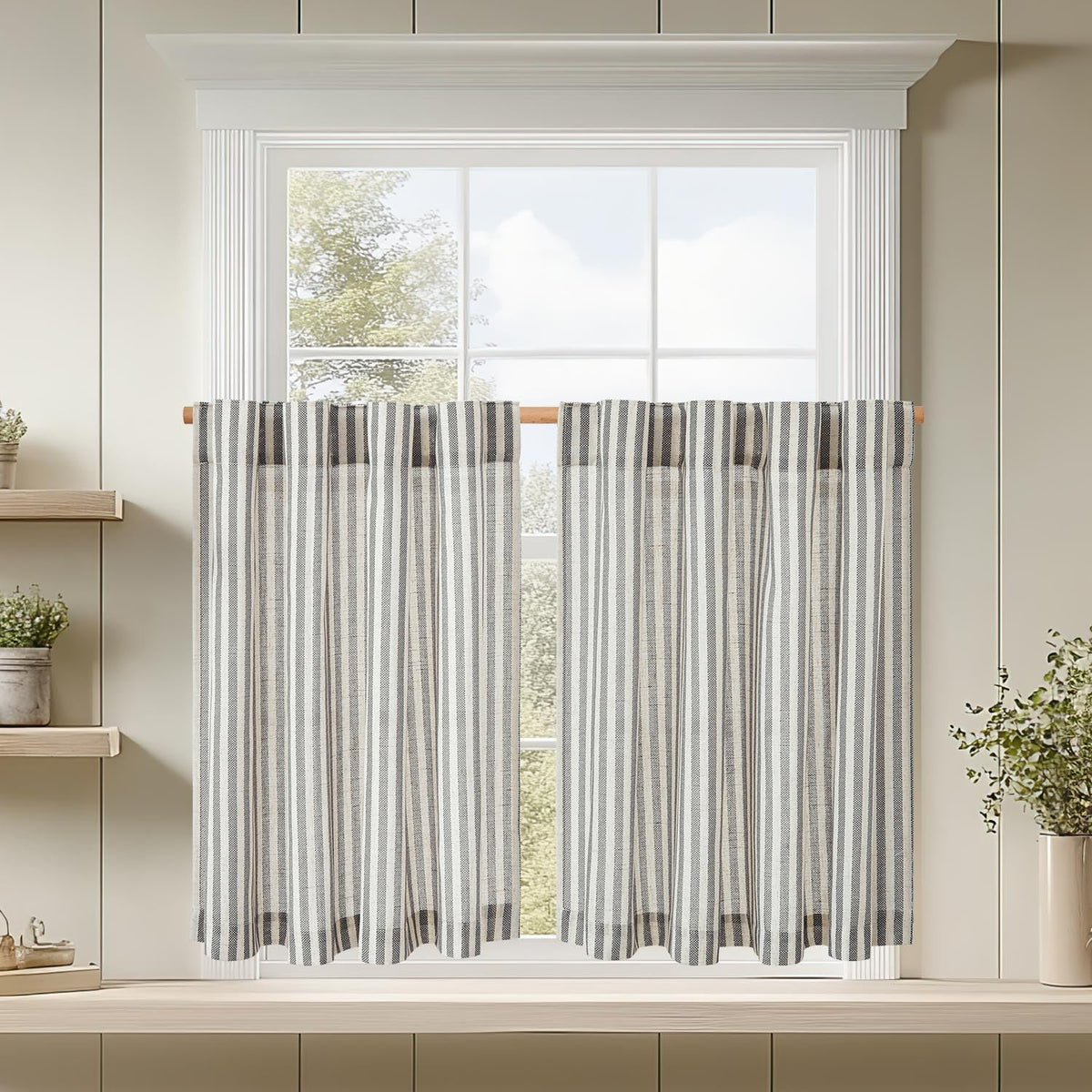 jinchan Striped Linen Kitchen Curtains 36 Inches Length Tier Curtains Farmhouse Modern Cafe Style Small Window Treatments Airy Light Filtering Rod Pocket for Living Room Bathroom 2 Panels Sage Green