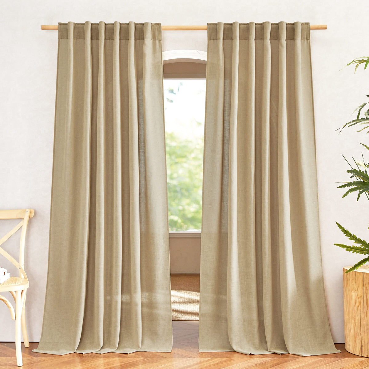NICETOWN White Linen Sheer Curtains and Drapes 84 inches Long, Rod Pocket & Back Tab semitransparent with Light Through Vertical Window Treatments for Sliding Glass Door & Living Room, 52"W, Set of 2
