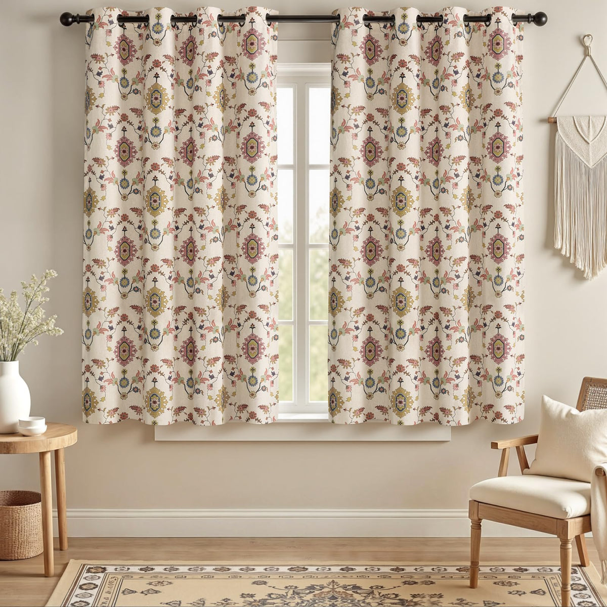 Boho Floral 100% Blackout Curtains 84 Inch 2 Panels Linen Texture