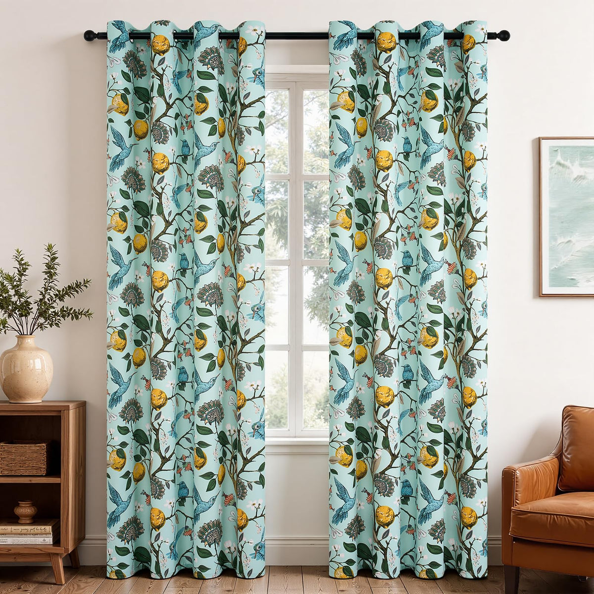 Topfinel Mustard Yellow Vintage Curtains & Drapes 84 Inches Long, Grommet Luxury Whimsical Floral Lemon Hummingbird Patterned Waverly Mid Century Colorful Blackout Drapes for Living Room Bedroom
