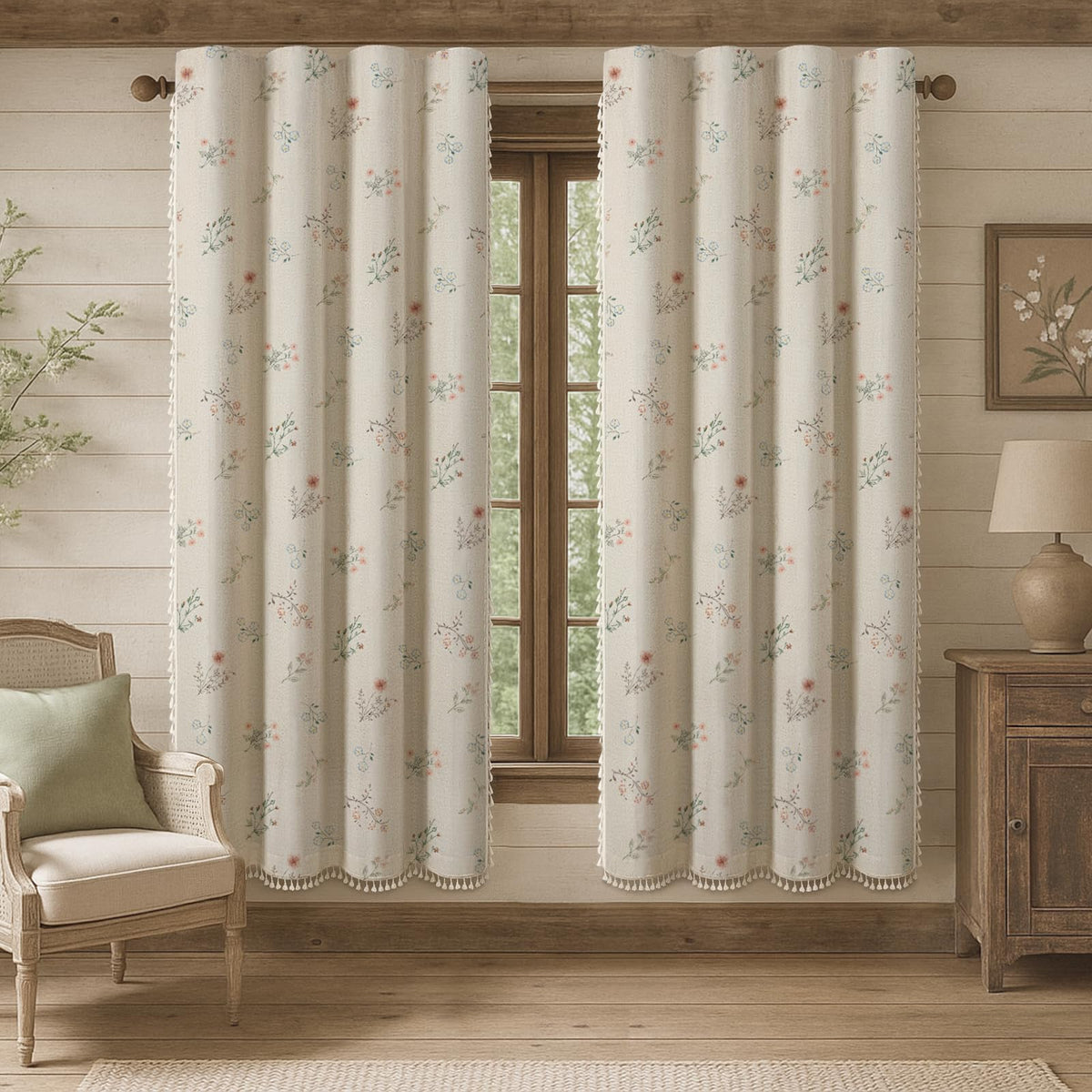 Boho Floral 100% Blackout Curtains 84 Inch 2 Panels Linen Texture