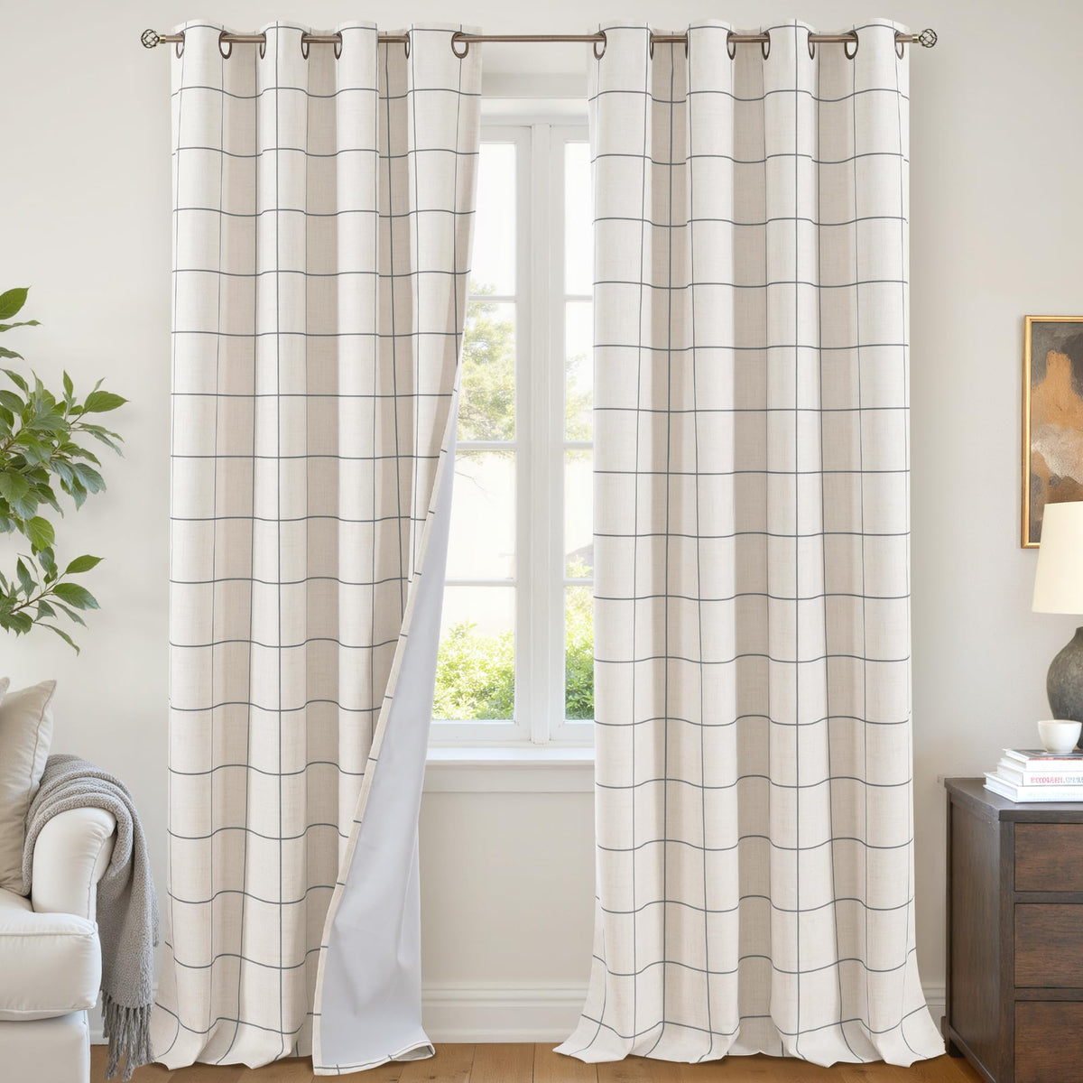 Lajode Linen Blackout Curtains - Boho Plaid 52x84 Inch 2 Panels, Natural