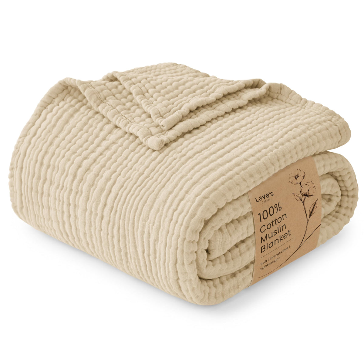 Love's cabin 100% Cotton Muslin Blanket, 6 Layer Lightweight Breathable Gauze Throw Blanket 50 x 60 Inches, Soft All Season Blanket for Couch, Bed, Sofa, Beige