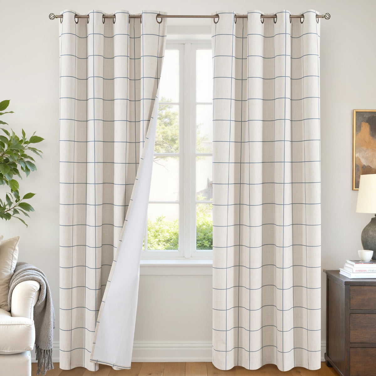 Lajode Linen Blackout Curtains - Boho Plaid 52x84 Inch 2 Panels, Natural