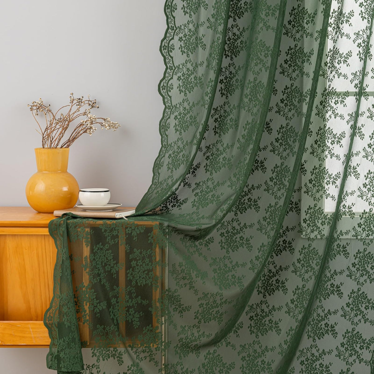 YJ YANJUN Vintage Lace Curtains 84 Inches Long-Victorian Floral Pattern Ivory Sheer Curtain Panels for Living Room Bedroom French Door, Light Filtering Drapes, 2 Panels 52W x 84L Cream