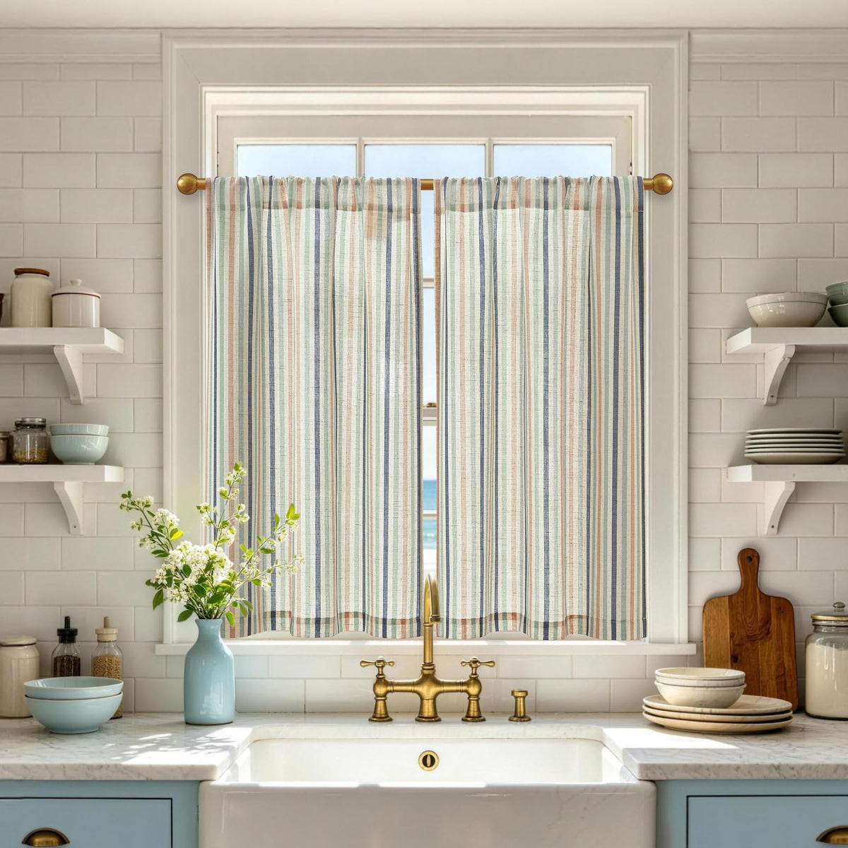 jinchan Striped Linen Kitchen Curtains 36 Inches Length Tier Curtains Farmhouse Modern Cafe Style Small Window Treatments Airy Light Filtering Rod Pocket for Living Room Bathroom 2 Panels Sage Green