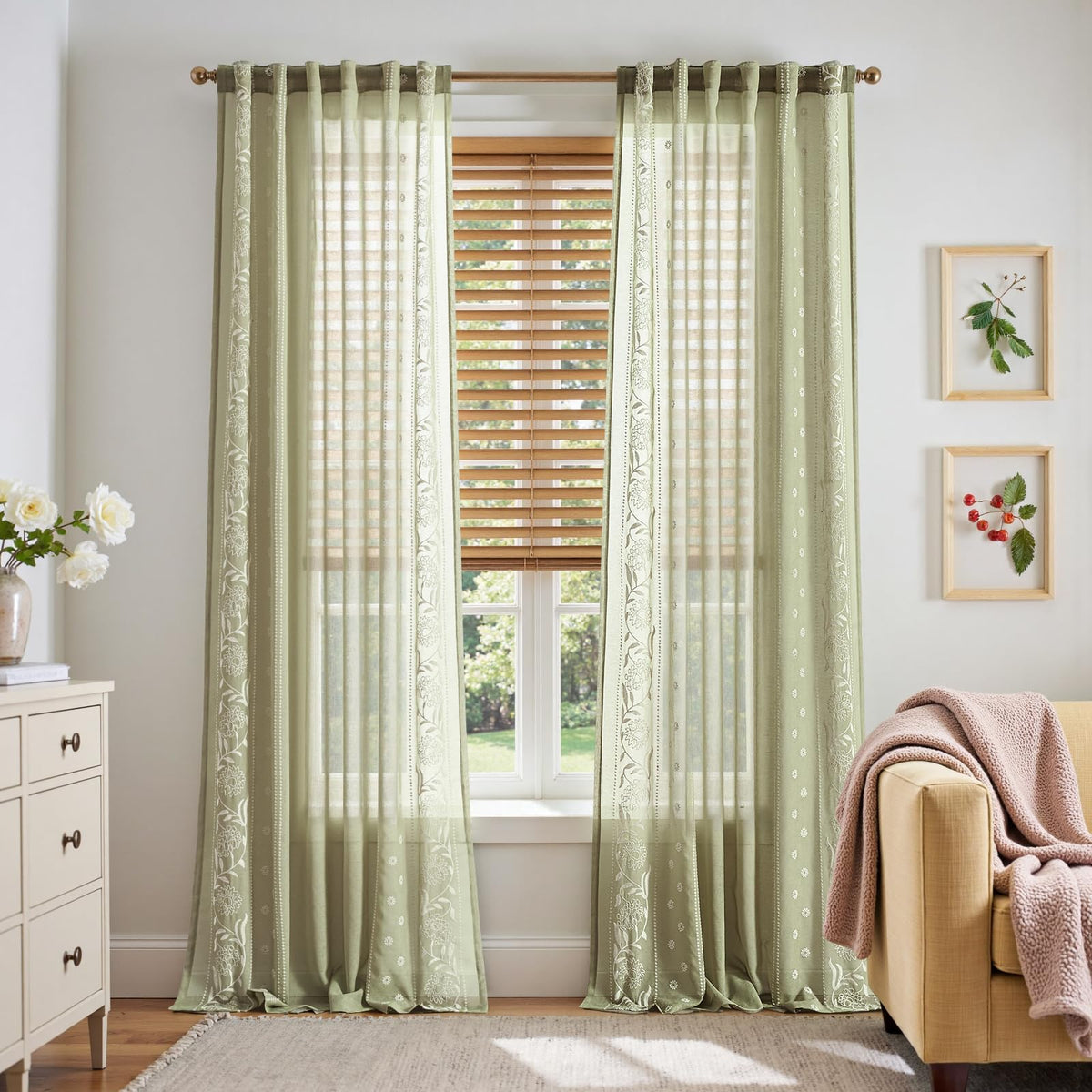 jinchan Sage Floral Linen Curtains for Living Room 84" Back Tab 2 Panels