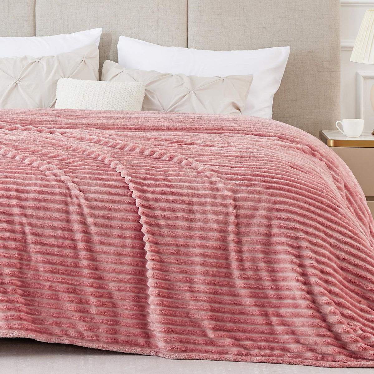 BEDELITE 3D Ribbed Jacquard Pink Fleece Throw Blanket for Couch, 50x60 Inch