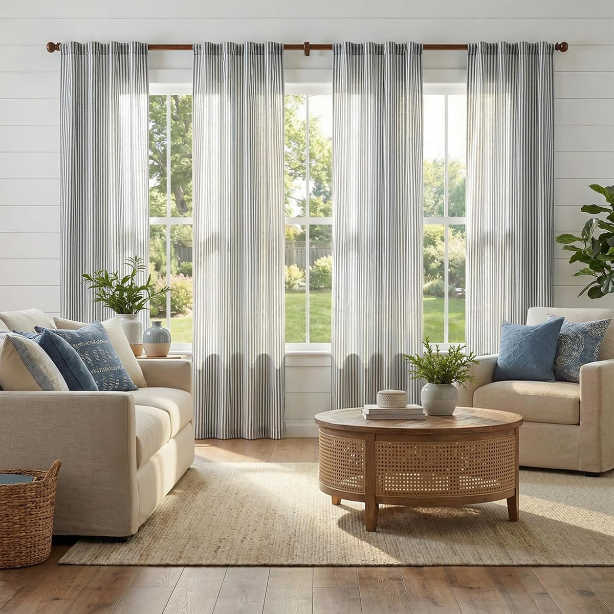 jinchan Linen Curtains 84 Inch Taupe Grey Stripe on Beige Grommet 2 Panels