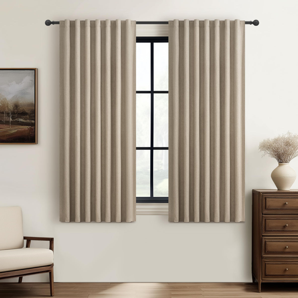 100% Blackout Curtains 84 Inch Length 2 Panels Set Farmhouse Style for Bedroom Windows/Living Room Thermal Insulated Neutral Boho Drapes Linen Blend Natural Ivory 7ft Long Hook Belt Pleated/Back Tab