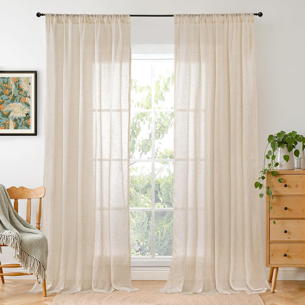 BGment Tan Linen Curtains 84 Inch Length 2 Panels Burlap Semi Sheer Drapes