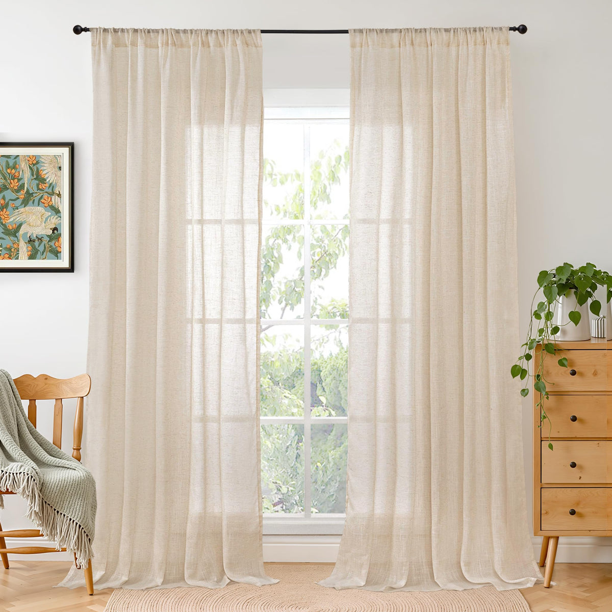 BGment Tan Linen Curtains 84 Inch Length 2 Panels Burlap Semi Sheer Drapes