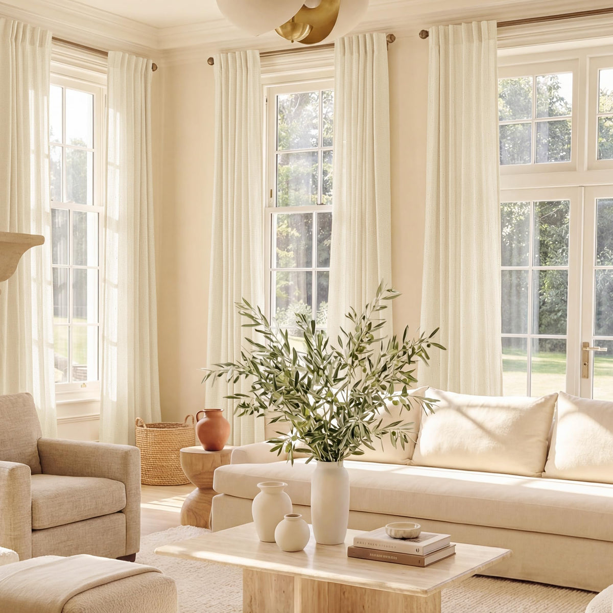 NICETOWN Flax Sheer Linen Curtains for Living Room 95 inch Long 2 Panels, Rod Pocket & Back Tab Semi Sheer Drapes Privacy Added with Light Filtering for Bedroom/Living Room, Natural, W55 x L95