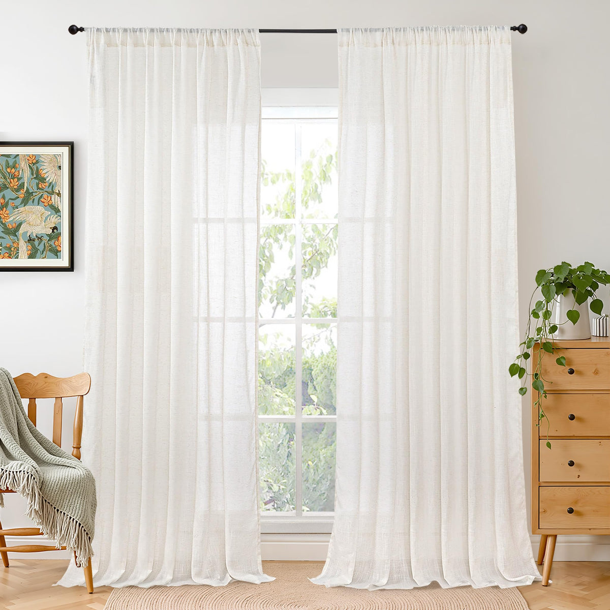 BGment Tan Linen Curtains 84 Inch Length 2 Panels Burlap Semi Sheer Drapes