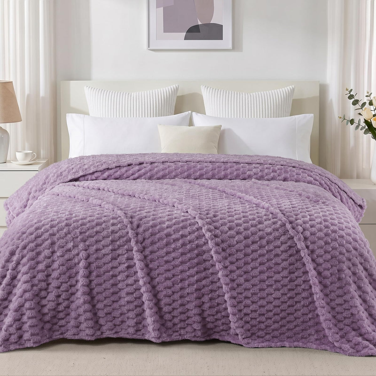 Exclusivo Mezcla Large 3D Fleece Throw Blanket for Couch, Ivory