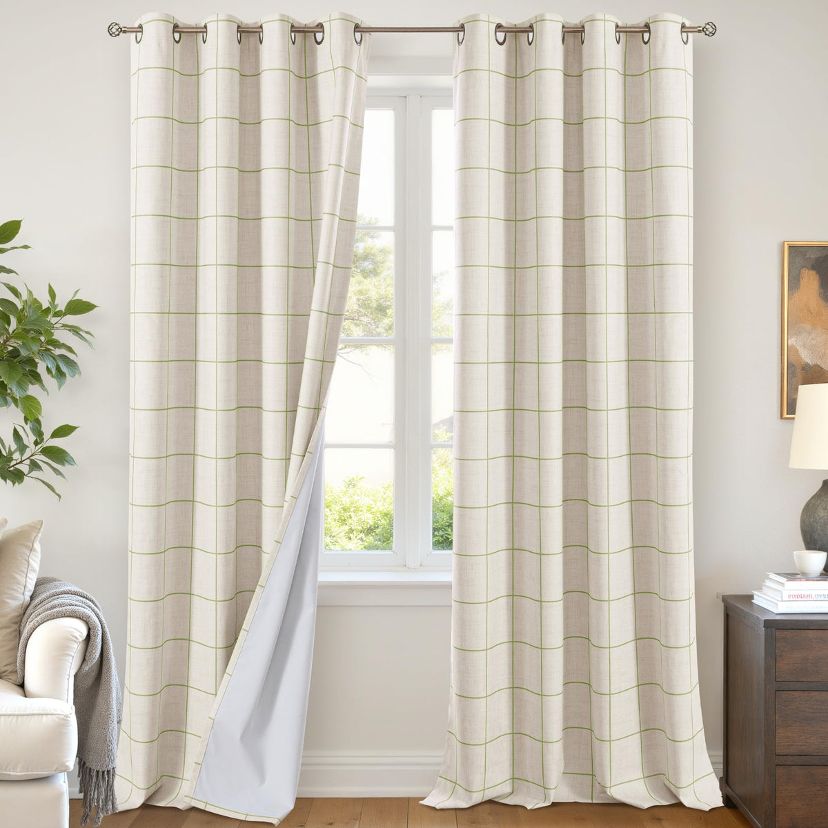 Lajode Linen Blackout Curtains - Boho Plaid 52x84 Inch 2 Panels, Natural
