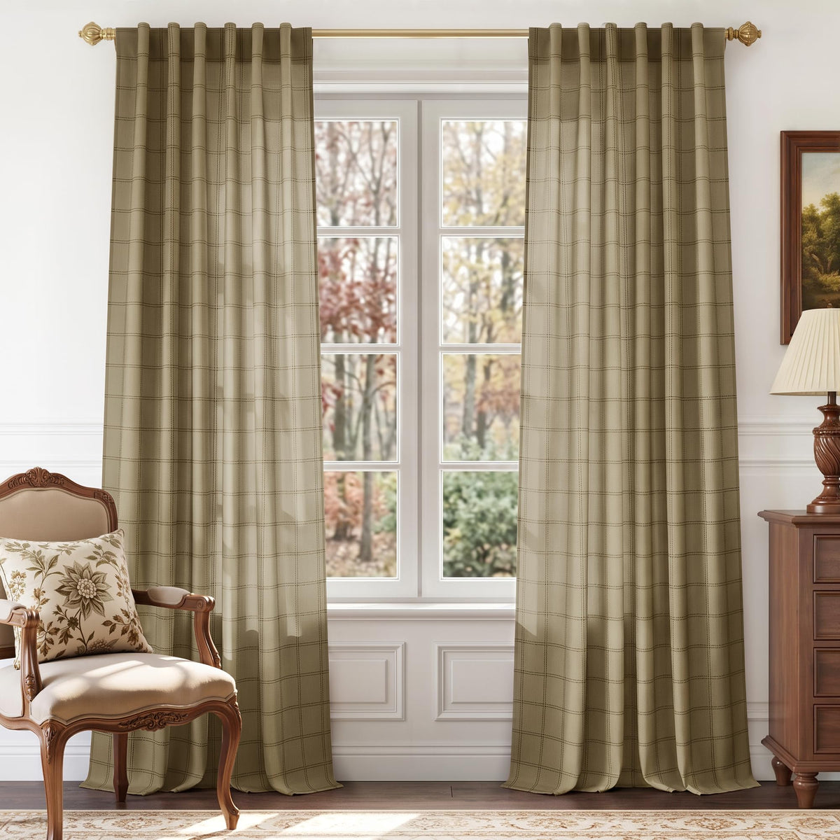 NICETOWN Moss Green Linen Plaid Curtains 96 inches Long for Bedroom