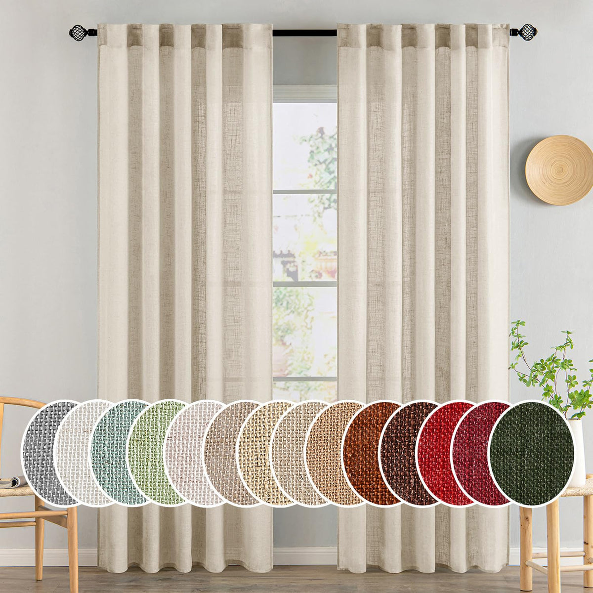 MIULEE Natural White Linen Curtains 52x90 Inch Long 2 Panels for Bedroom