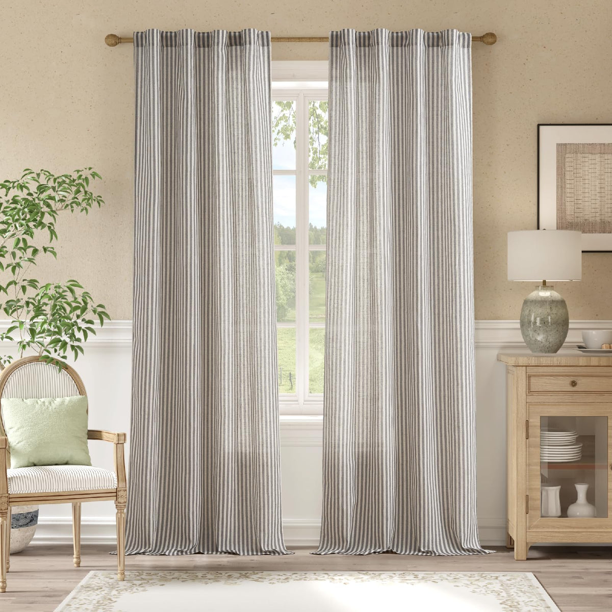 jinchan Linen Curtains 84 Inch Taupe Grey Stripe on Beige Grommet 2 Panels