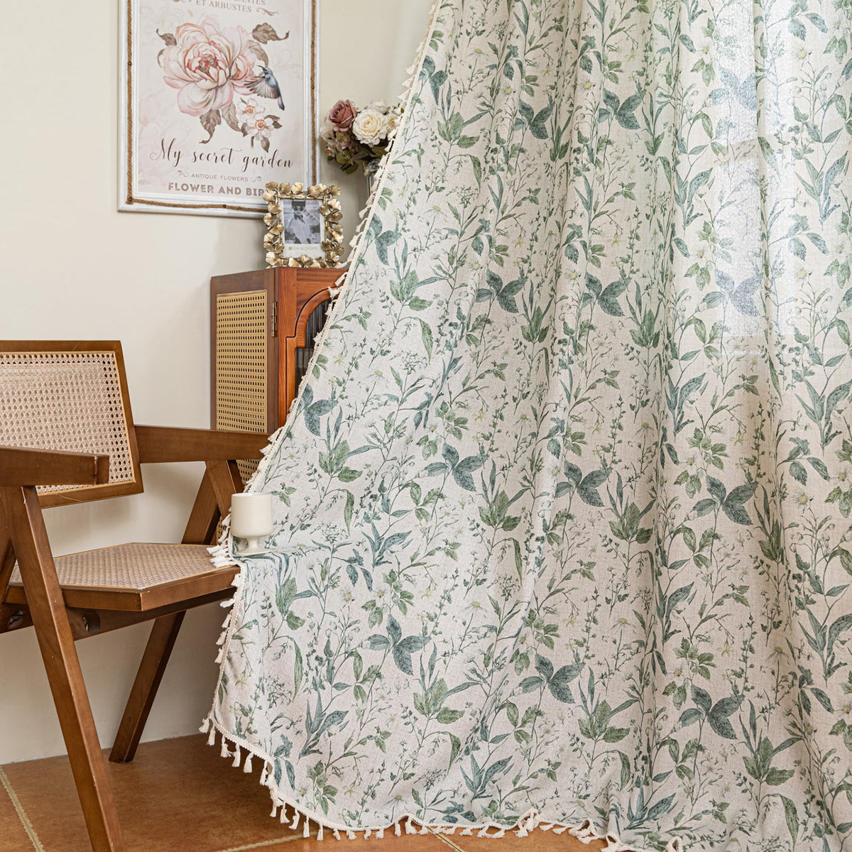 ENJOYBRIDAL Floral Curtains 84 Inch Long Living Room Boho Drapes Bedroom 2 Panels Semi Sheer Floor Length Window Curtain Panels Vintage Rod Pocket Tassel Farmhouse Nursery Window Treatments