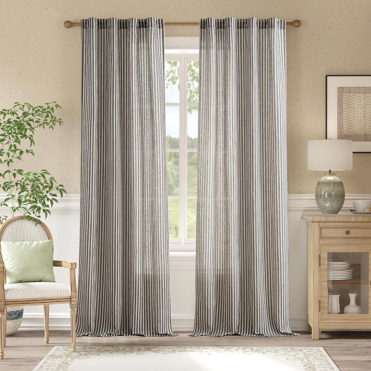 jinchan Linen Curtains 84 Inch Taupe Grey Stripe on Beige Grommet 2 Panels