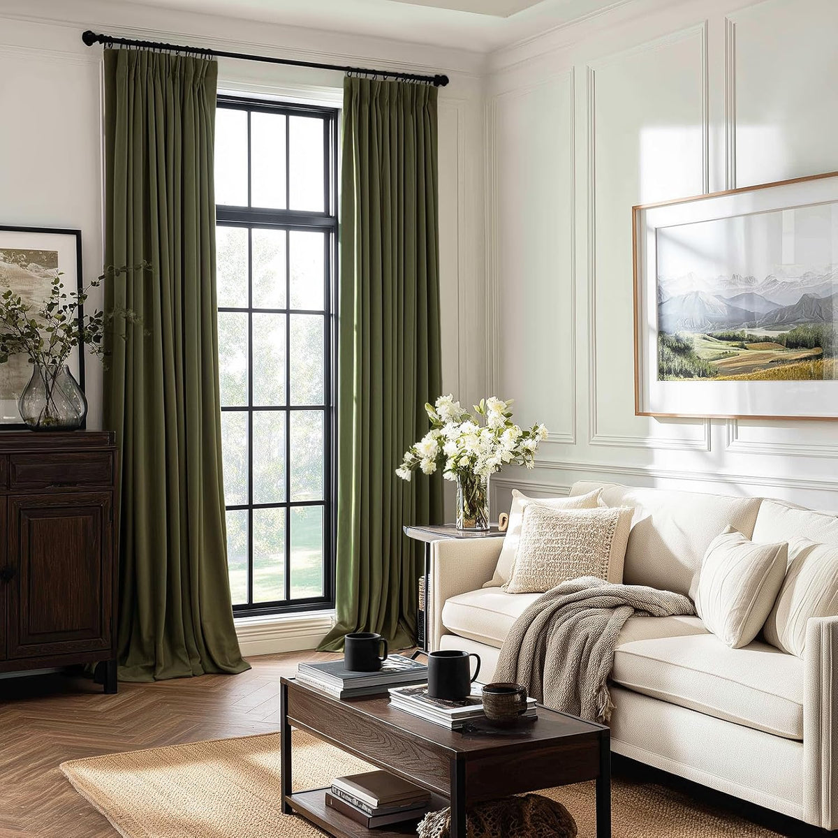Olive Green Velvet Blackout Curtains 84 Inches 2 Panels Forest Green Elegant Vintage Pinch Pleated Drapes for Living Room Bedroom Thermal Soundproof Back Tab Window Panels,W40 x L84,Home Decor