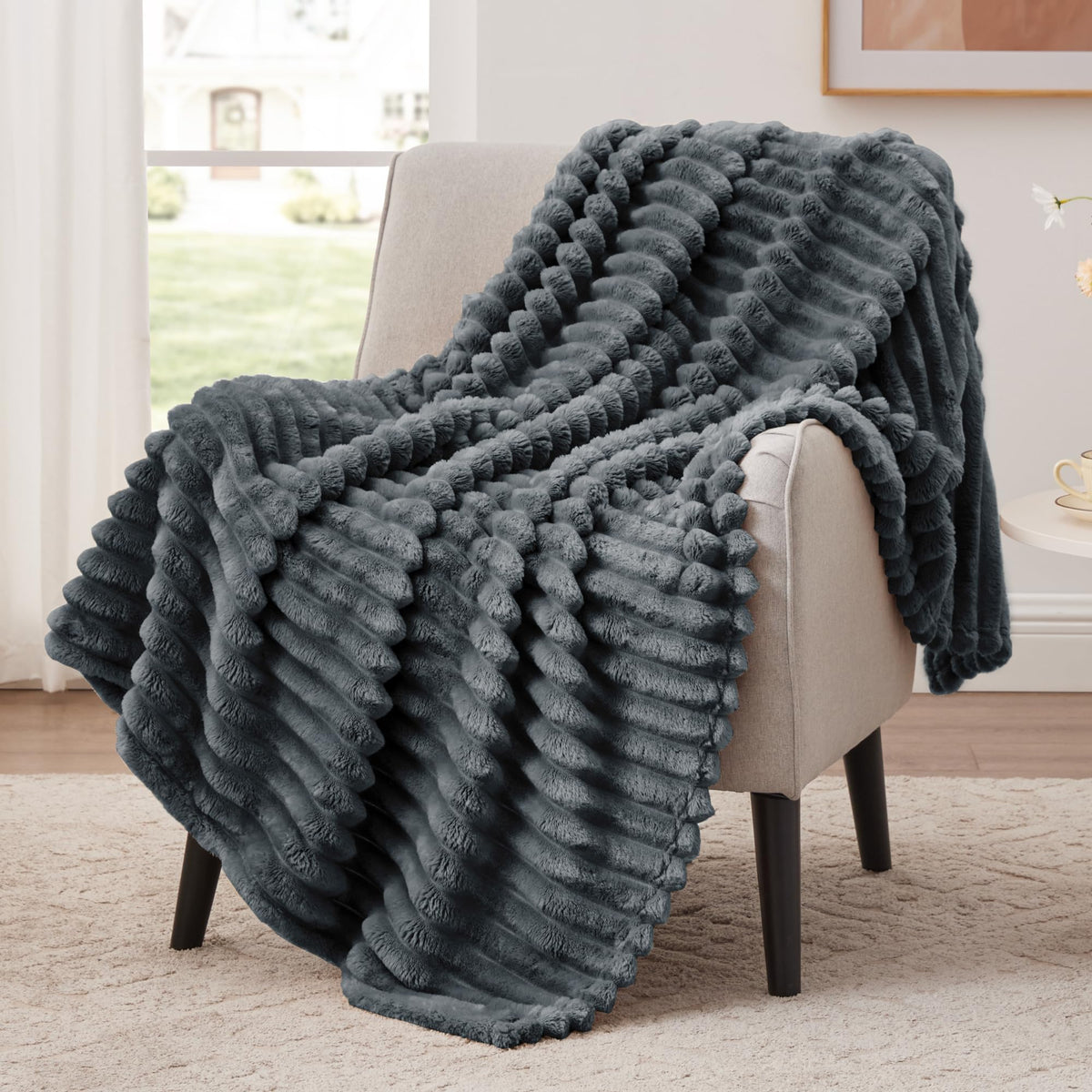 EXQ Home Stripe Jacquard Throw Blanket Light Purple for Couch Gentle Soft