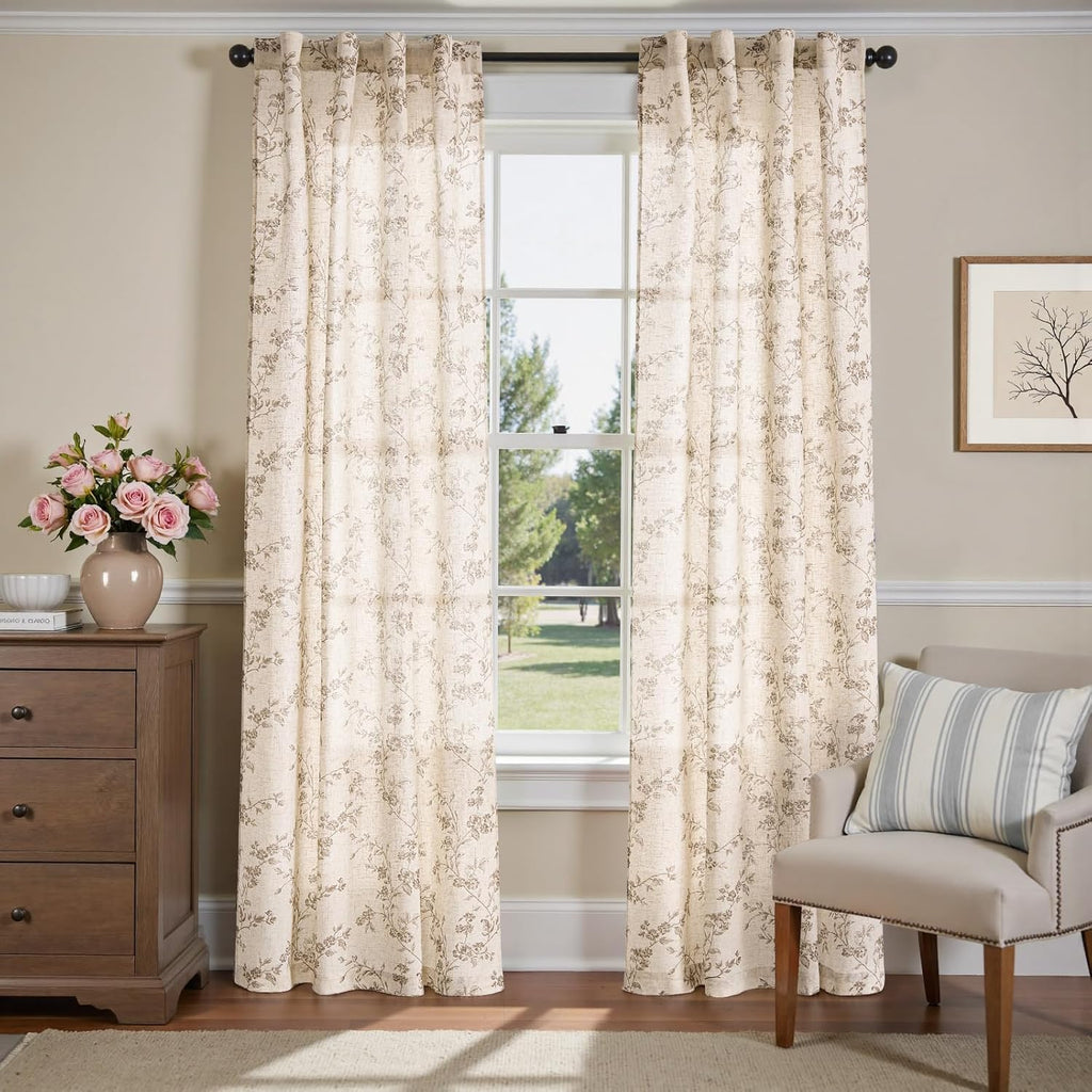 jinchan Taupe Floral Linen Curtains 84 Inch Farmhouse Back Tab 2 Panels
