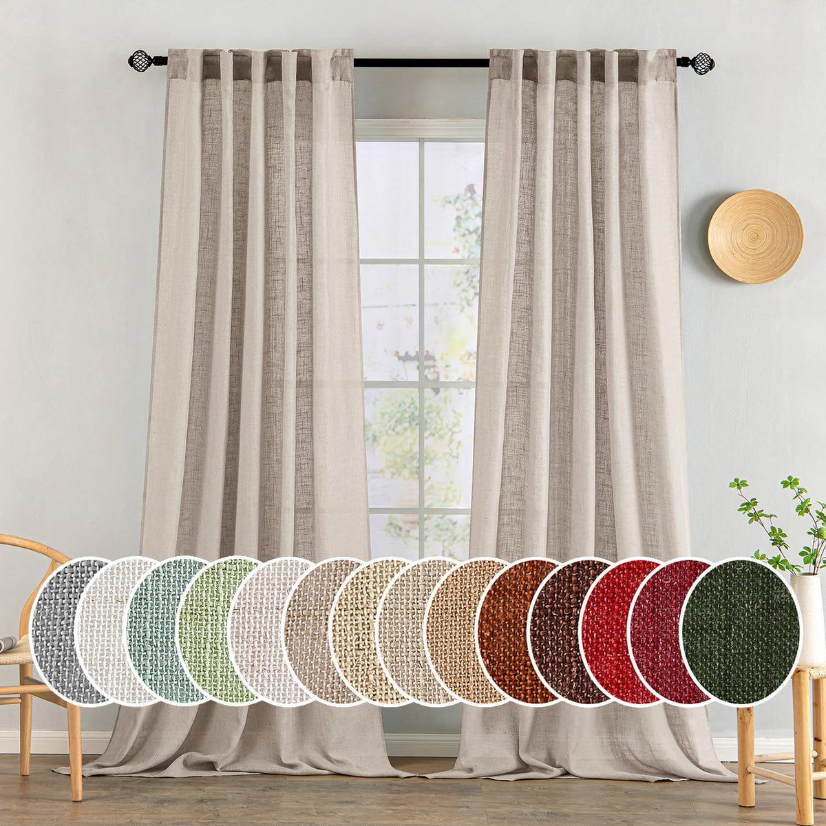 MIULEE Taupe Linen Curtains 52x84 Inch Length for Bedroom and Living Room