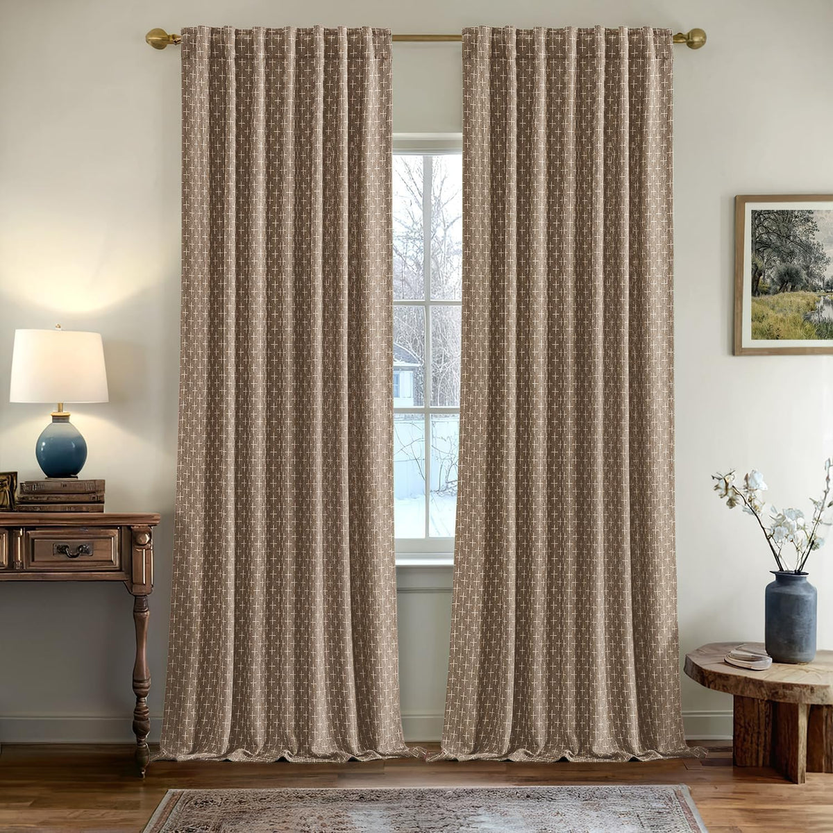 MIULEE Patterned Farmhouse Linen Curtains, Back Tab, 52Wx84L, Blue